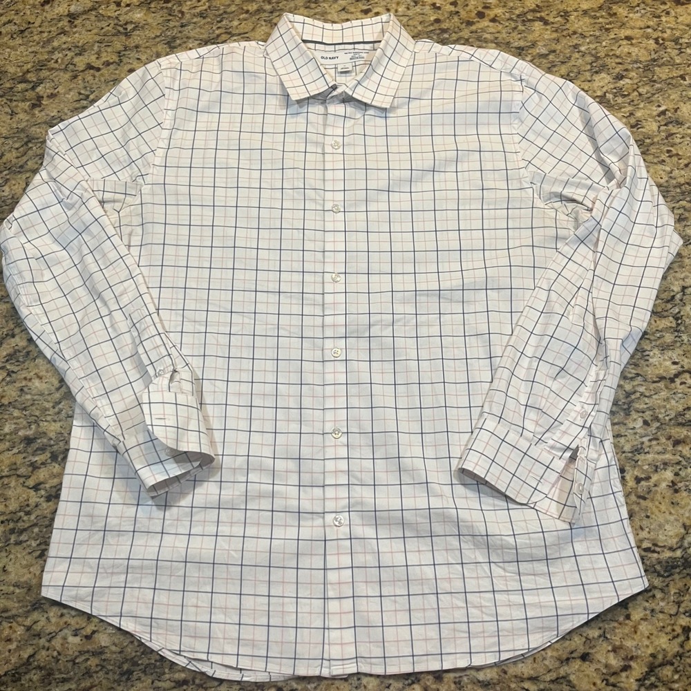 Old Navy Pro Signature Shirt Mens XL Slim Fit Built-In Flex Windowpane White